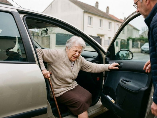 Personne âgée ayant des difficultés à sortir de voiture en raison de douleurs aux genoux et aux hanches